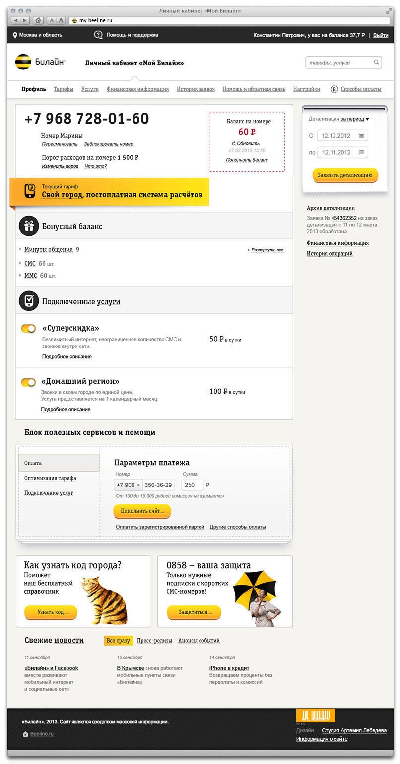 Внешний вид странички пользователя в личном кабинете