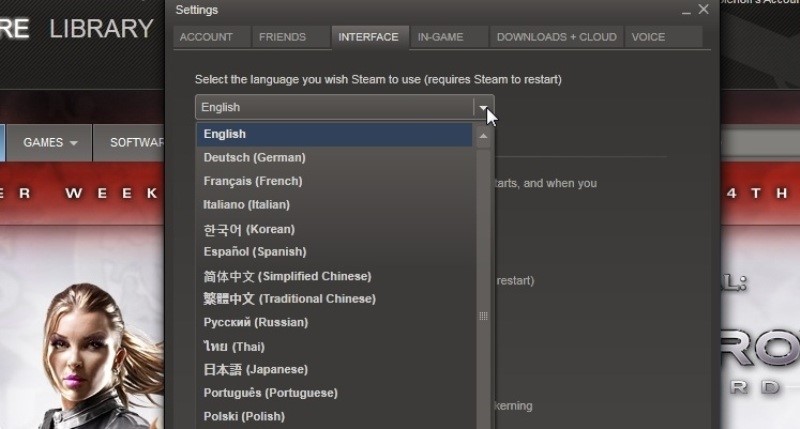 Выбор языка интерфейса для официального клиента Steam