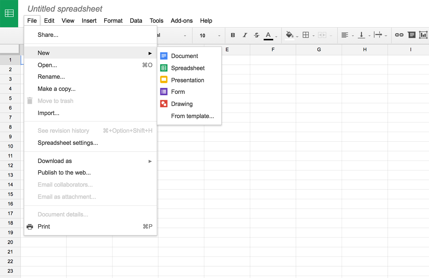Рис. 8 Интерфейс онлайн-приложения Google Sheets