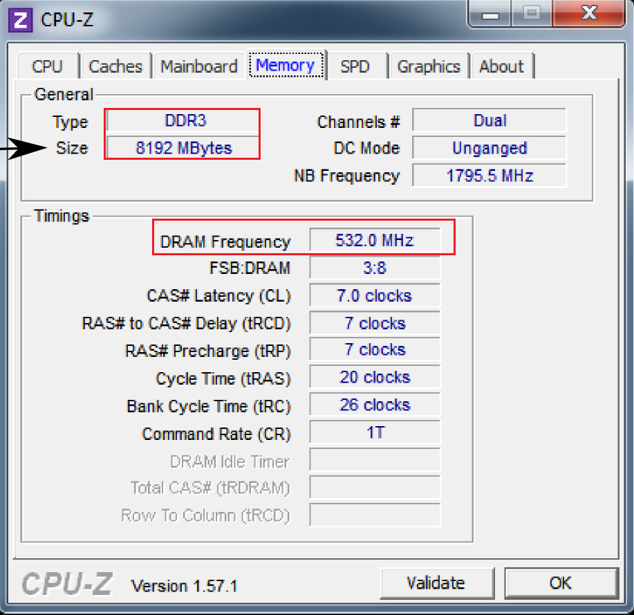 Рис.7. Тип и размер ОЗУ, а также частота её шины с помощью программы CPU-Z.
