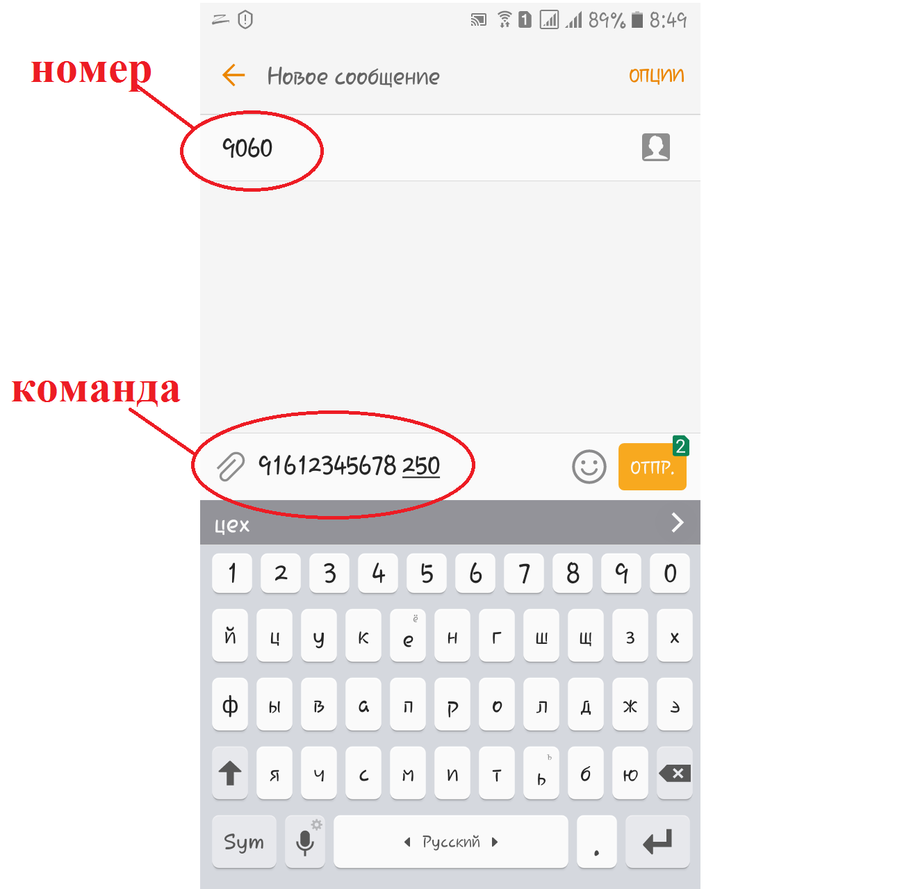 Ввод СМС сообщения для увеличения баланса счета 91612345678 на 250 рублей