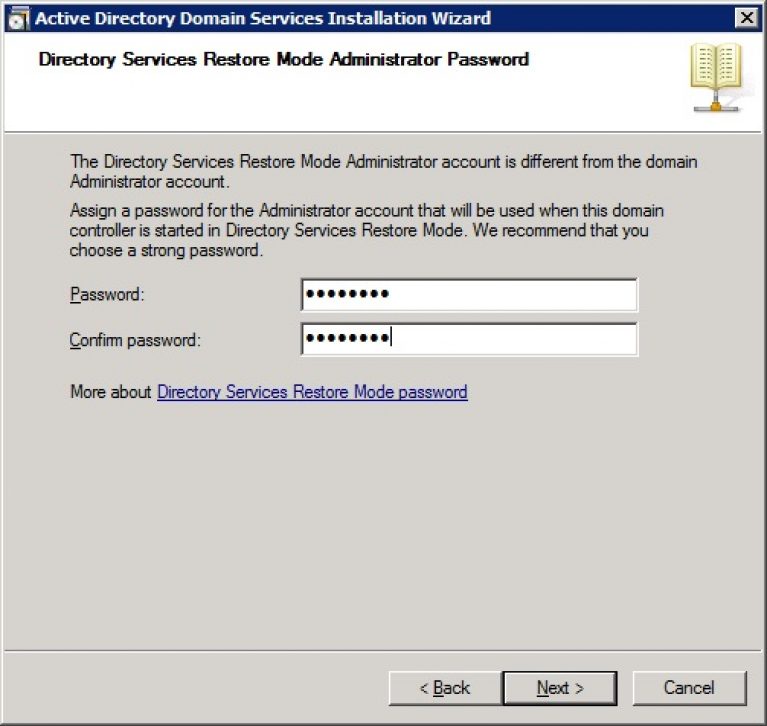 Restore password. Domain Administrator. Installation Directory. Installation Wizard. Домен 2008 r2