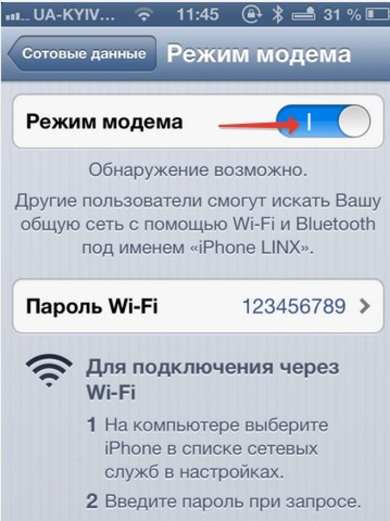 Режим модема на iphone