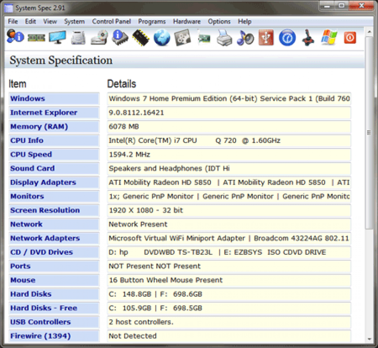 System spec. USB info. Как работать с SYSSPEC. Memory info. System specifications