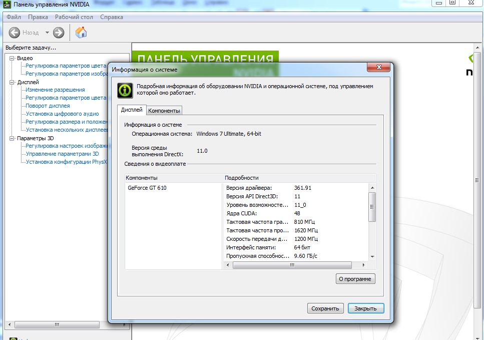 Информация о DirectX, выдаваемая панелью управления графической картой NVidia