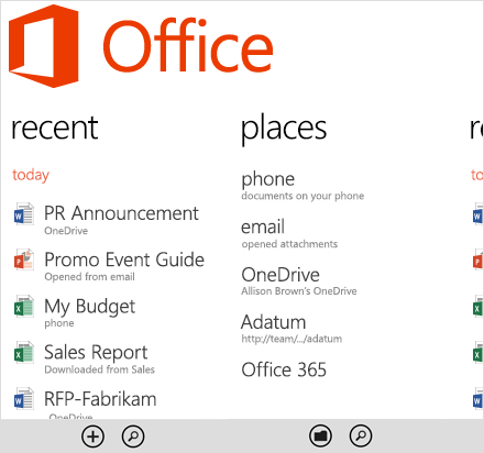 Главное окно программы MS Office для мобильных устройств под управлением Windows phone 10