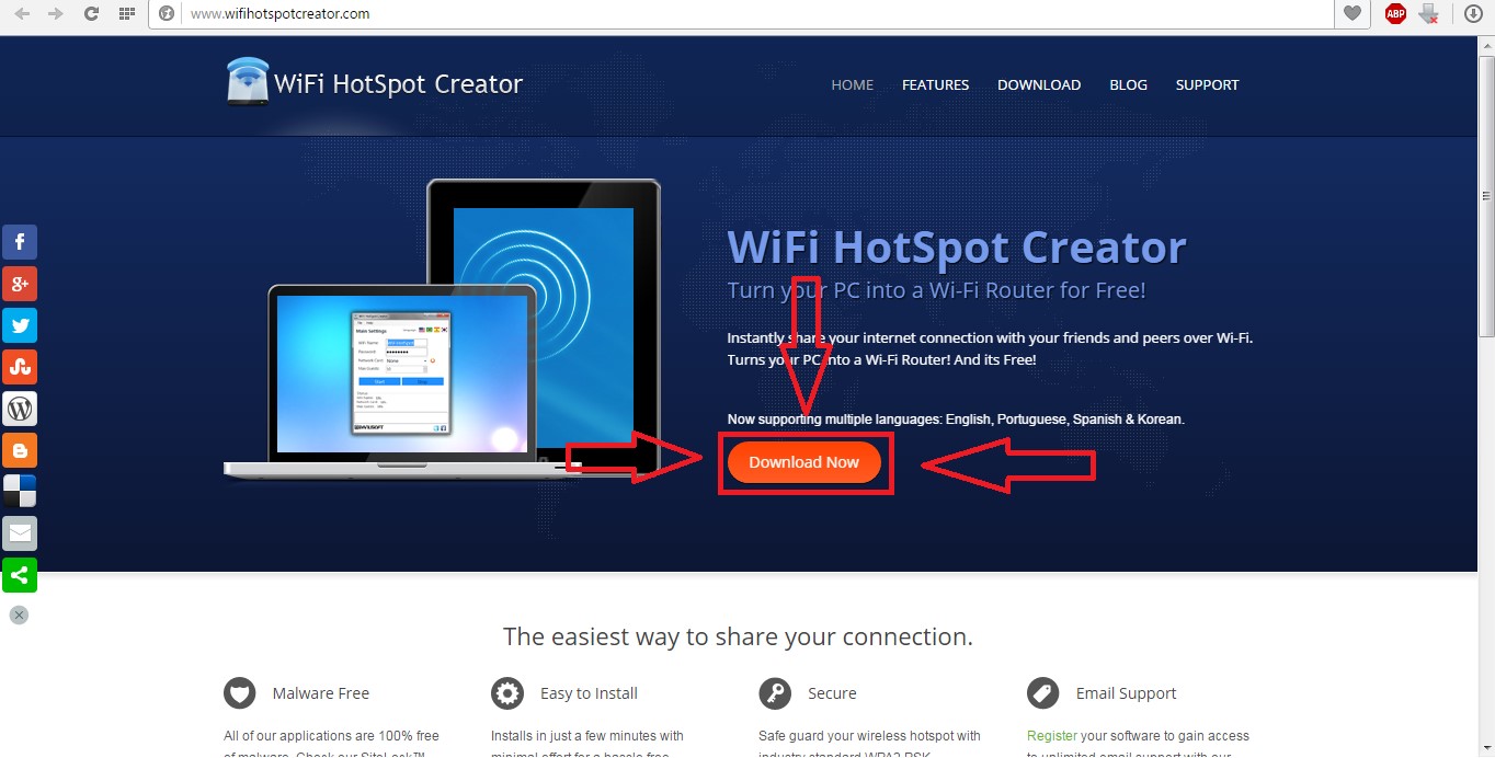№1. Кнопка скачивания на официальном сайте WIFI Hotspot Creator