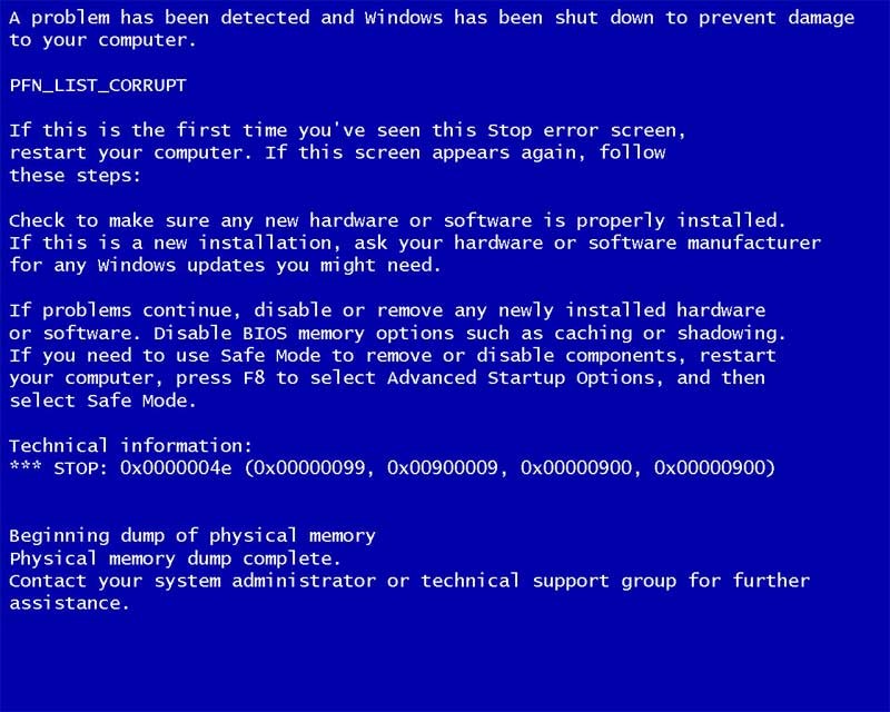 Экран смерти в ОС Windows 7/XP