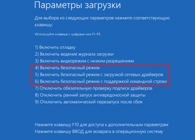 Рис.6. Варианты безопасного режима для Windows 10.