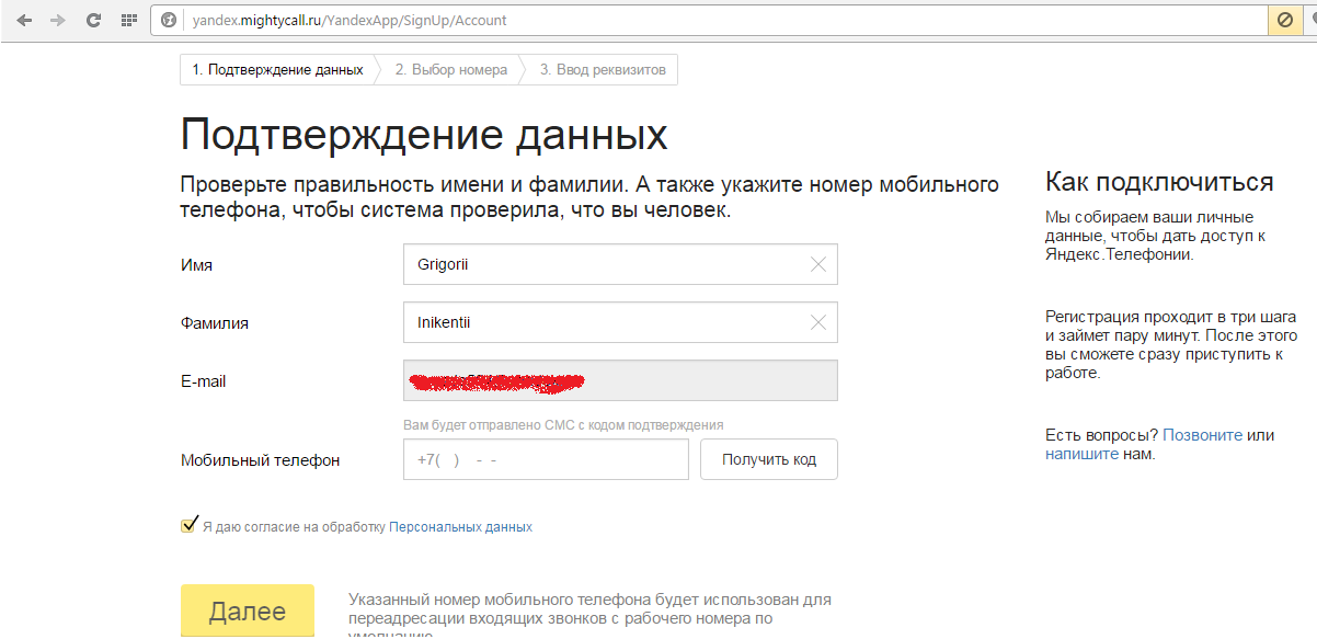 Рис. №1. Страница подтверждения данных при регистрации в Яндекс.Телефонии