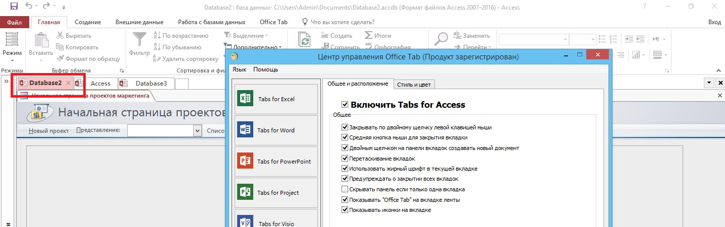 Рис.6. Настройки дополнительных возможностей Office Tab в Word.