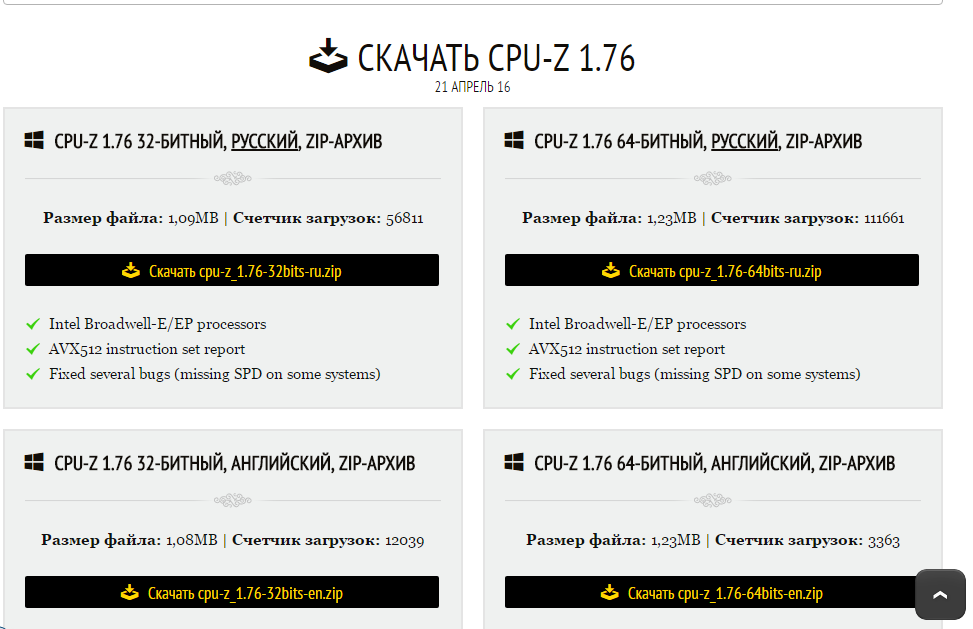 Рис.6. Список дистрибутивов приложения CPU-Z на сайте производителя.