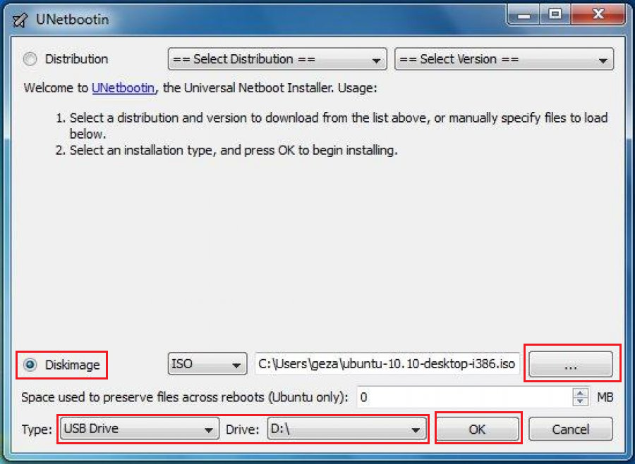 Рис.9. Настройка записи диска с Ubuntu в программе Unetbootin.