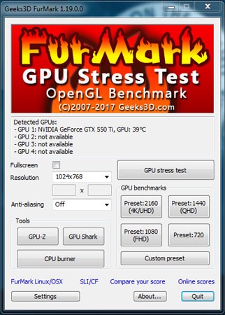 Рис. 6 – Интерфейс и настройки FurMark