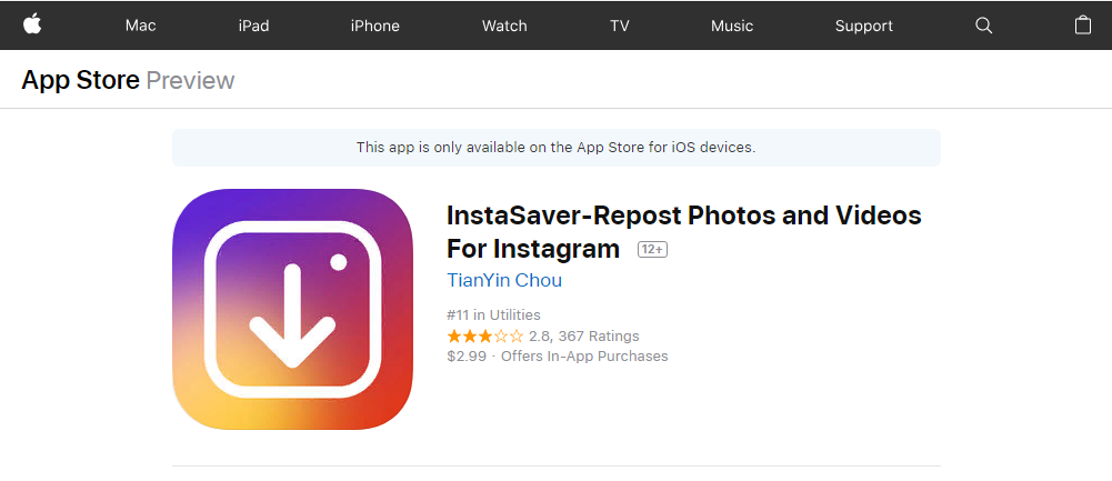 Рис. 8. Утилита для скачивания фото из Инстаграм на устройство с iOS.